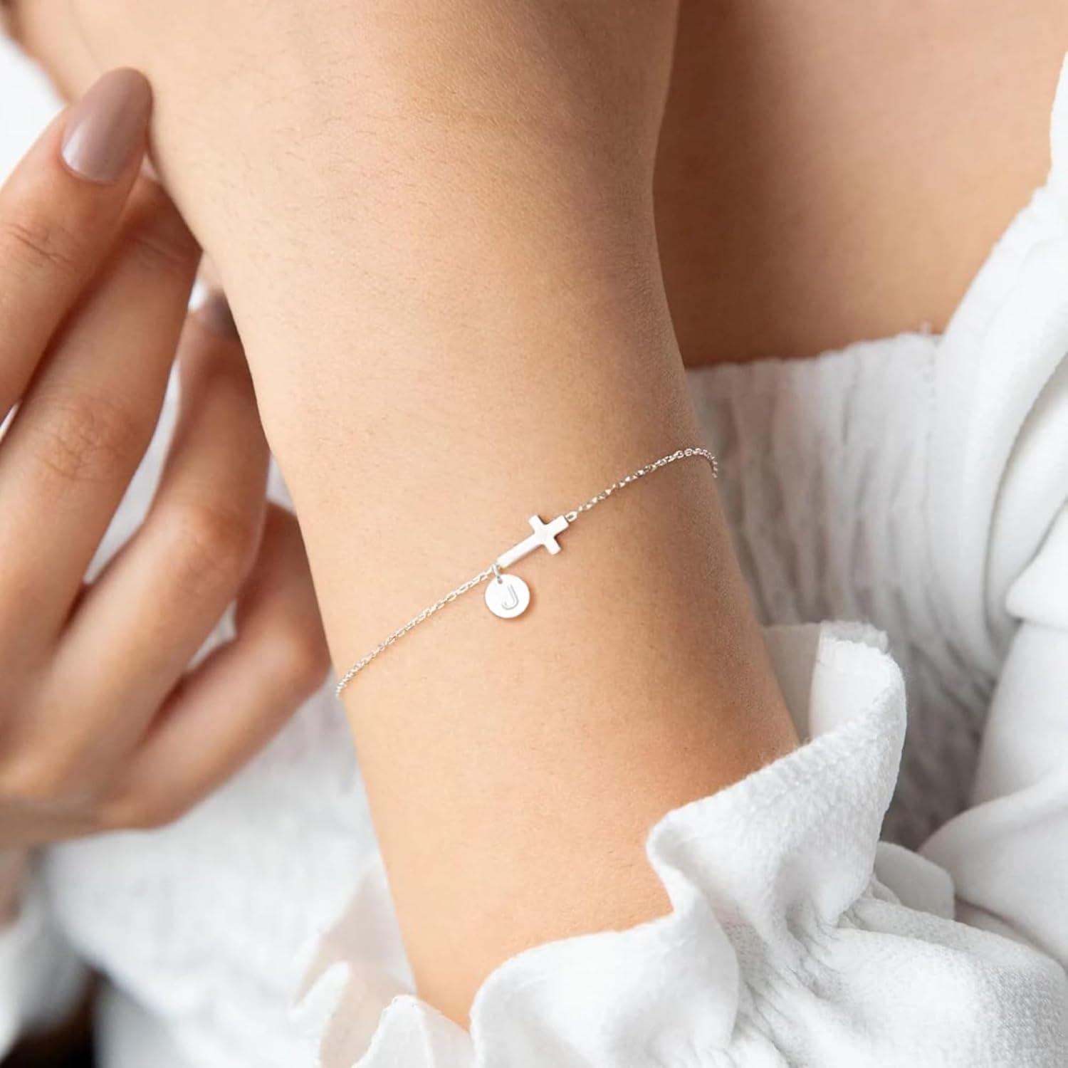 imageValentines Day Gifts for Her Cross Bracelet for Women Easter Basket Stuffers for Teens Gold Initial BraceletsChristian Gifts for Women Dainty Religious Baptism Religious Confirmation Communion Faith Jewelry for Daughter Mom GirlfriendXWhite Gold Plated