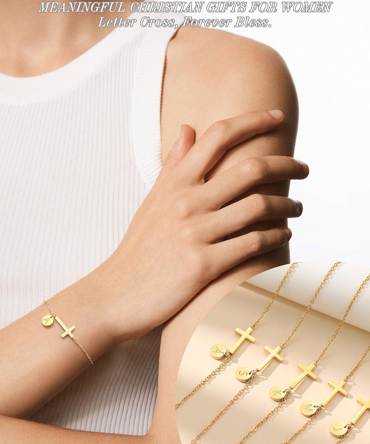 imageValentines Day Gifts for Her Cross Bracelet for Women Easter Basket Stuffers for Teens Gold Initial BraceletsChristian Gifts for Women Dainty Religious Baptism Religious Confirmation Communion Faith Jewelry for Daughter Mom Girlfriend1RGold Plated