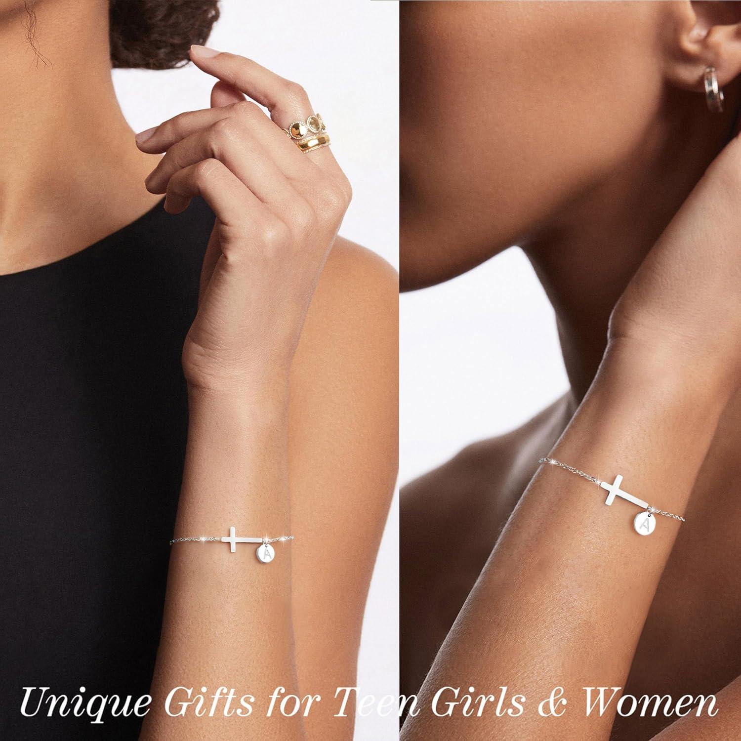 imageValentines Day Gifts for Her Cross Bracelet for Women Easter Basket Stuffers for Teens Gold Initial BraceletsChristian Gifts for Women Dainty Religious Baptism Religious Confirmation Communion Faith Jewelry for Daughter Mom GirlfriendXWhite Gold Plated