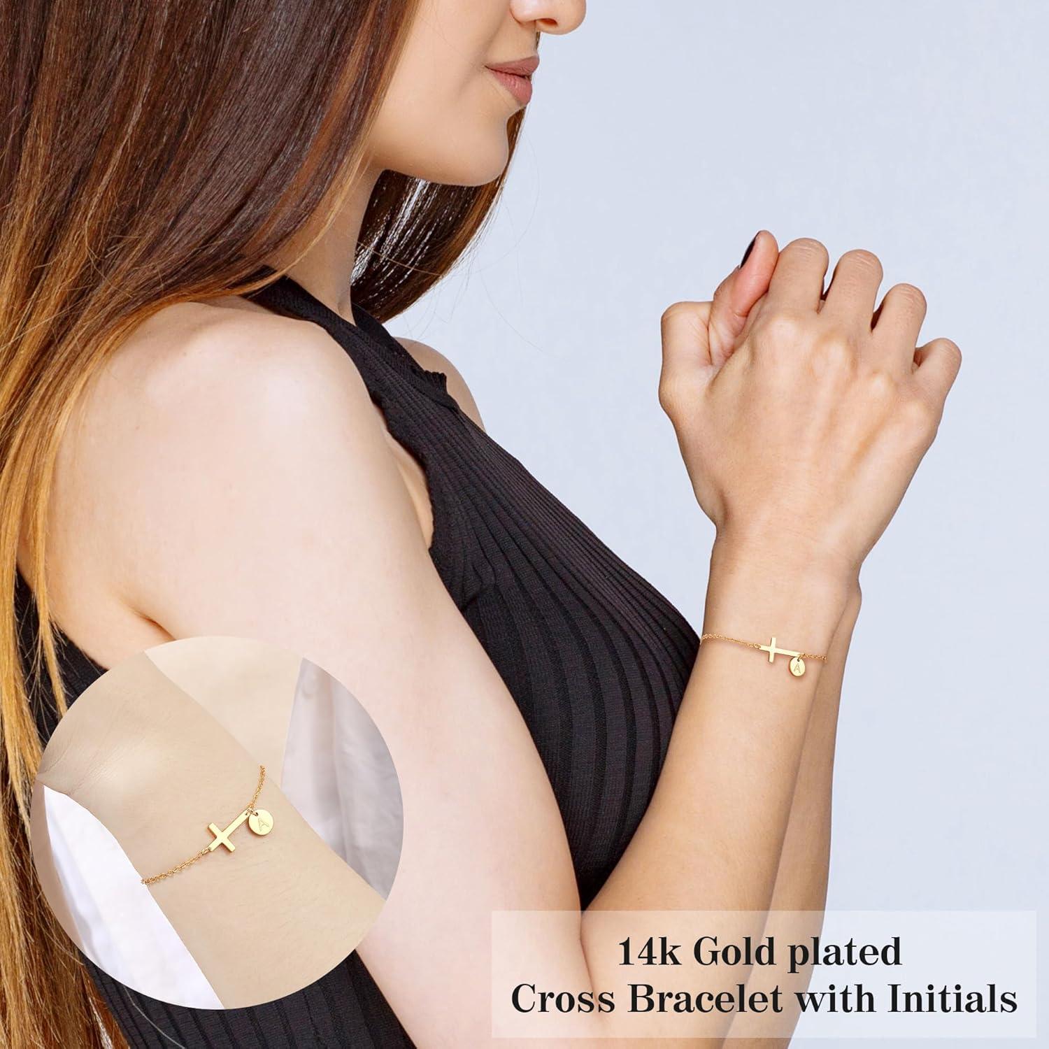 imageValentines Day Gifts for Her Cross Bracelet for Women Easter Basket Stuffers for Teens Gold Initial BraceletsChristian Gifts for Women Dainty Religious Baptism Religious Confirmation Communion Faith Jewelry for Daughter Mom Girlfriend1RGold Plated