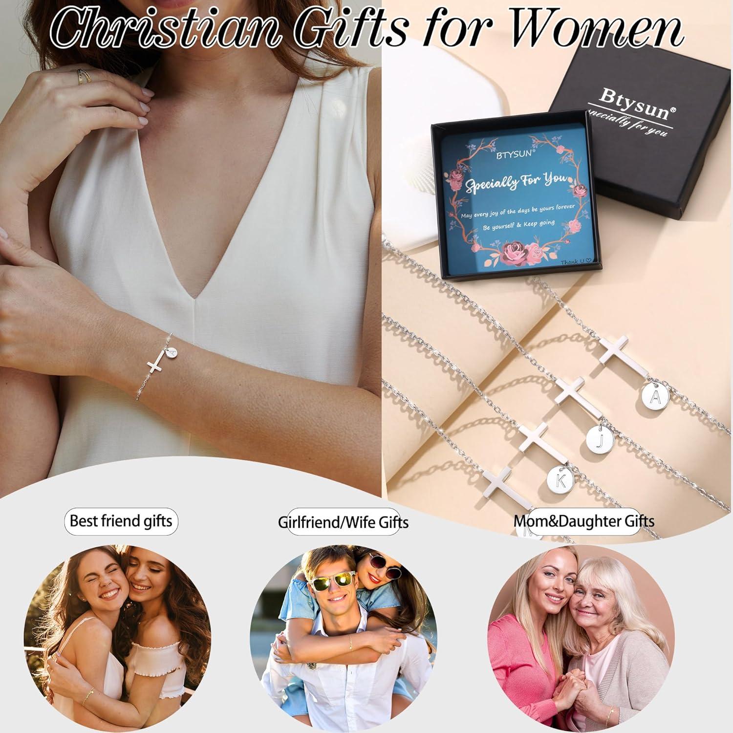imageValentines Day Gifts for Her Cross Bracelet for Women Easter Basket Stuffers for Teens Gold Initial BraceletsChristian Gifts for Women Dainty Religious Baptism Religious Confirmation Communion Faith Jewelry for Daughter Mom GirlfriendXWhite Gold Plated
