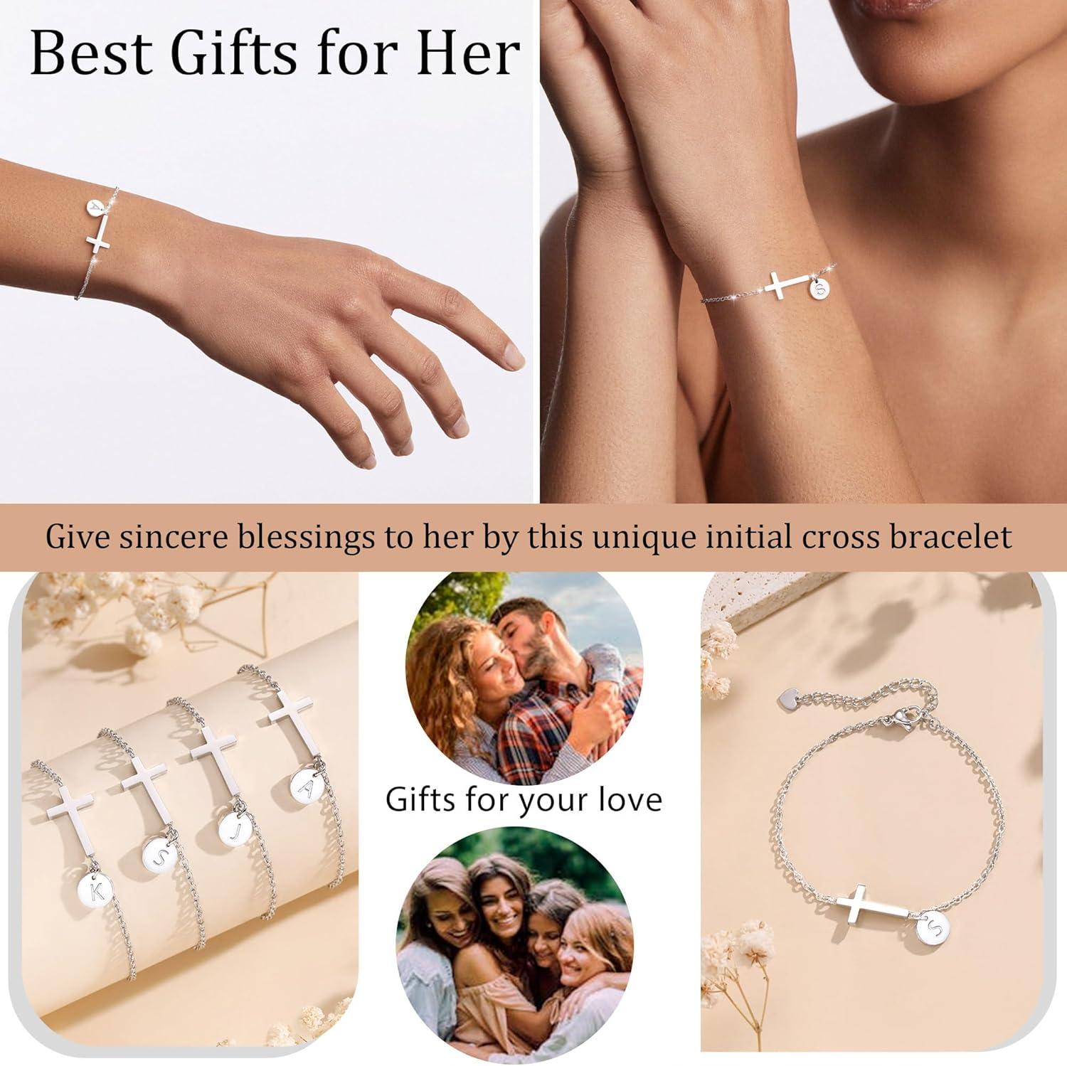imageValentines Day Gifts for Her Cross Bracelet for Women Easter Basket Stuffers for Teens Gold Initial BraceletsChristian Gifts for Women Dainty Religious Baptism Religious Confirmation Communion Faith Jewelry for Daughter Mom GirlfriendXWhite Gold Plated