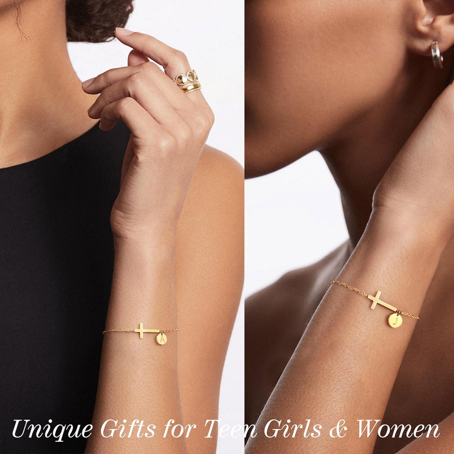 imageValentines Day Gifts for Her Cross Bracelet for Women Easter Basket Stuffers for Teens Gold Initial BraceletsChristian Gifts for Women Dainty Religious Baptism Religious Confirmation Communion Faith Jewelry for Daughter Mom Girlfriend1RGold Plated