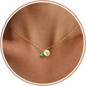 Initial Birthstone Necklace for Women, Dainty Gold Necklace for Women with Initial Birthday Gifts for Her Teen Trendy Stuff Letter A-Z Pendant Mothers Day Necklaces Gifts for Mom Daughter Sister Christmas Jewelry(05-May-Emerald)