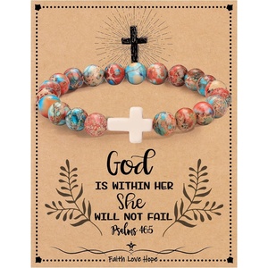 Graduation Gifts for Daughter Her, Christian Gifts for Women Stocking Stuffers for Teens Cross Bracelets Imperial Nature Stone Bead Bracelet Confirmation Baptism Gift for Teen Girls Christmas Religious Gift Cathlic Faith Jewelry(Red)