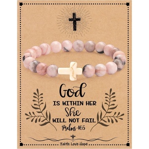Graduation Gifts for Daughter Her, Christian Gifts for Women Stocking Stuffers for Teens Cross Bracelets Imperial Nature Stone Bead Bracelet Confirmation Baptism Gift for Teen Girls Christmas Religious Gift Cathlic Faith Jewelry(Pink)