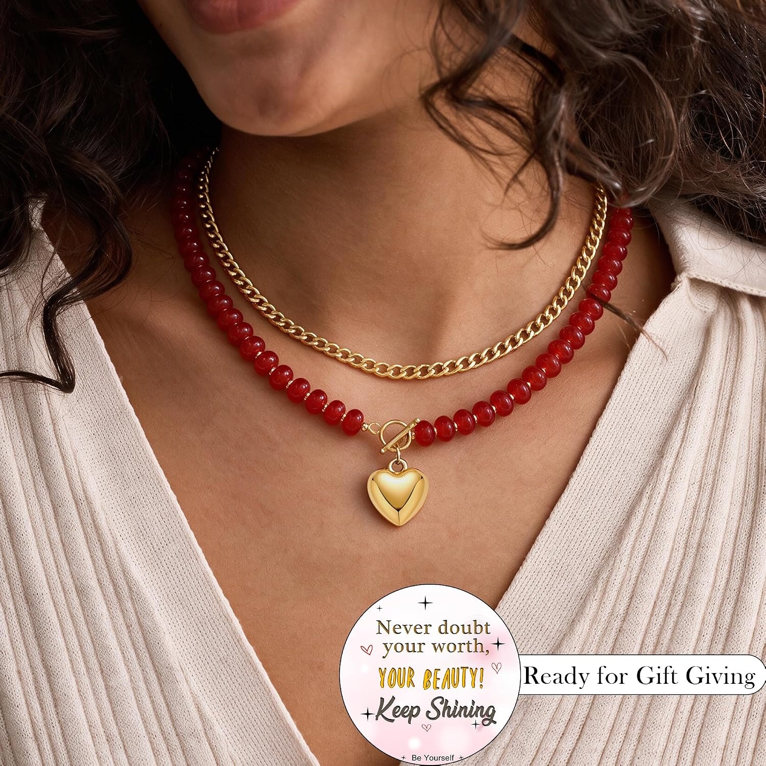 image:imageBeaded Necklaces for Women Layered Necklaces for Women Gold Pendant Necklace Summer Gifts with Cuban Link Chain Colorful Nature Gemstone Beach Themed Gift Stocking Stuffers for Her Christmas JewelryRed