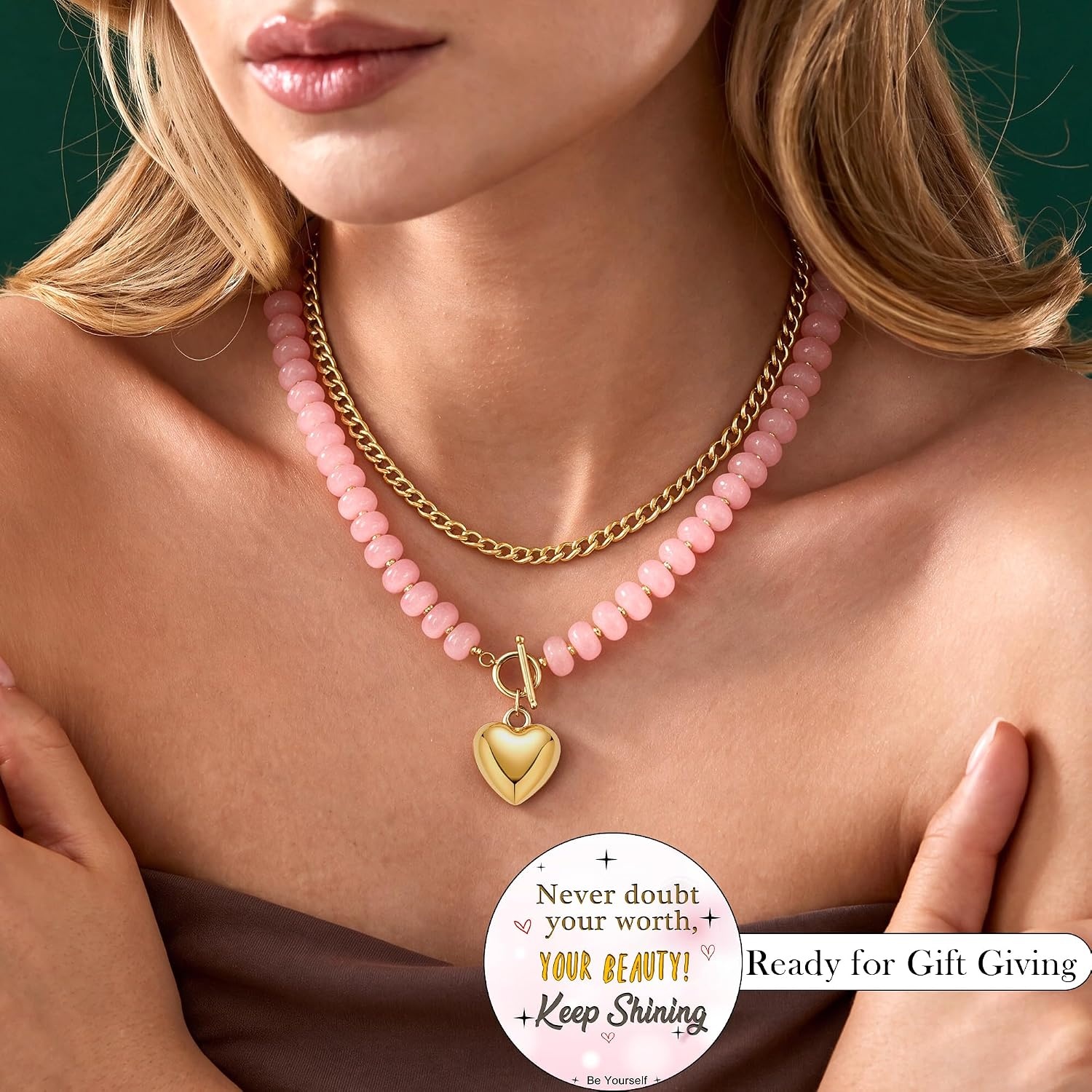 image:imageBeaded Necklaces for Women Layered Necklaces for Women Gold Pendant Necklace Summer Gifts with Cuban Link Chain Colorful Nature Gemstone Beach Themed Gift Stocking Stuffers for Her Christmas JewelryPink