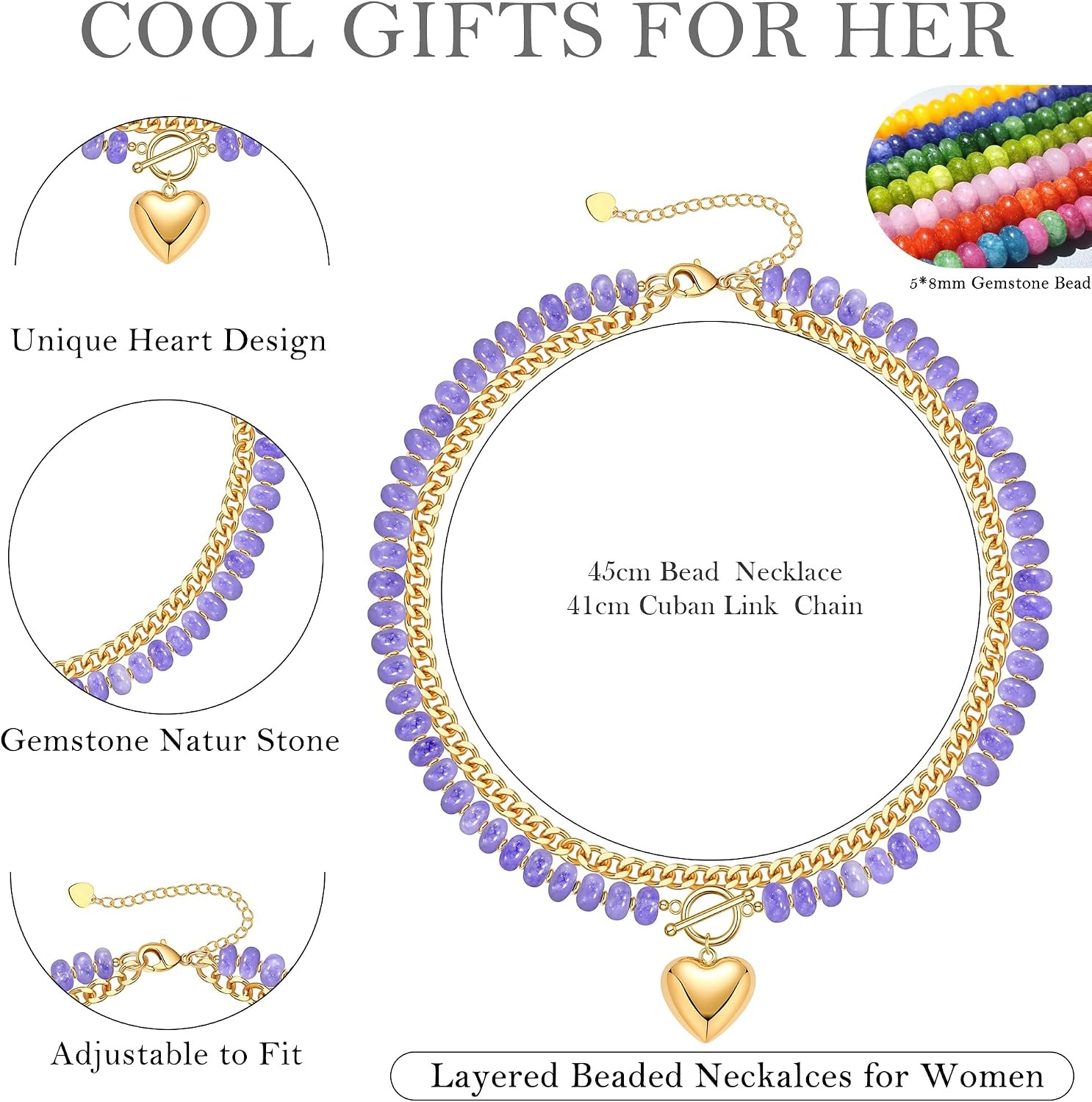 image:imageBeaded Necklaces for Women Layered Necklaces for Women Gold Pendant Necklace Summer Gifts with Cuban Link Chain Colorful Nature Gemstone Beach Themed Gift Stocking Stuffers for Her Christmas JewelryPurple
