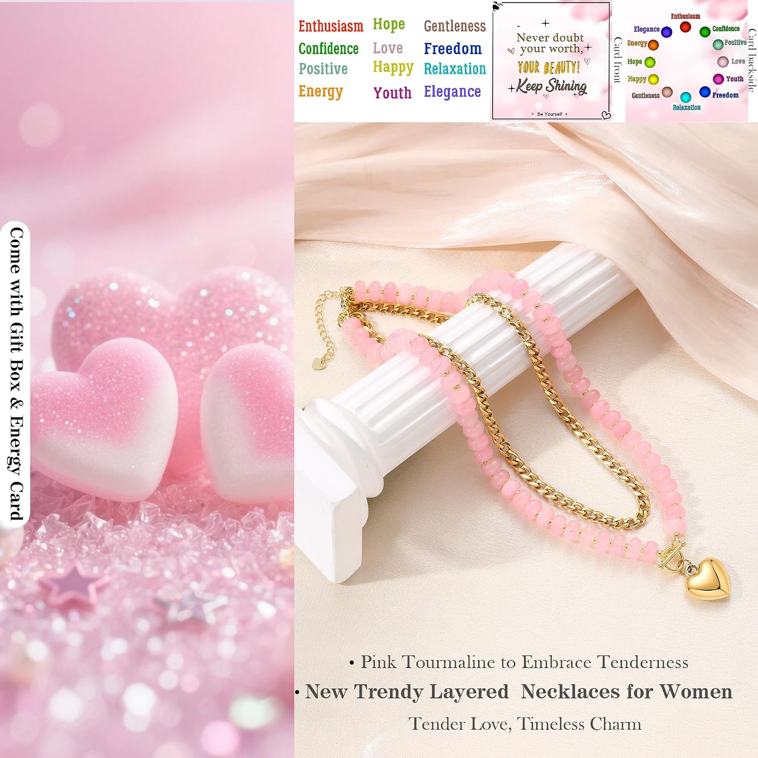 image:imageBeaded Necklaces for Women Layered Necklaces for Women Gold Pendant Necklace Summer Gifts with Cuban Link Chain Colorful Nature Gemstone Beach Themed Gift Stocking Stuffers for Her Christmas JewelryPink