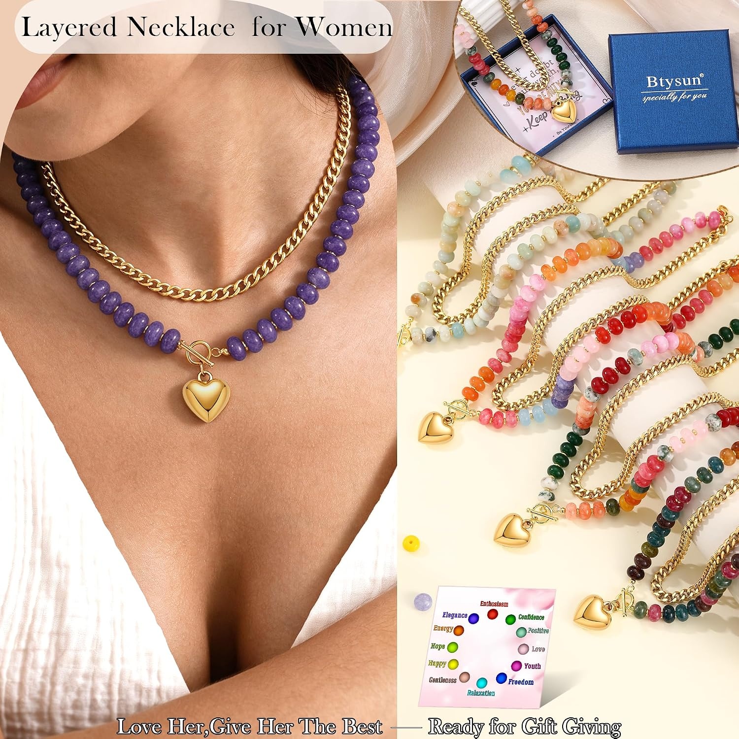 image:imageBeaded Necklaces for Women Layered Necklaces for Women Gold Pendant Necklace Summer Gifts with Cuban Link Chain Colorful Nature Gemstone Beach Themed Gift Stocking Stuffers for Her Christmas JewelryPurple