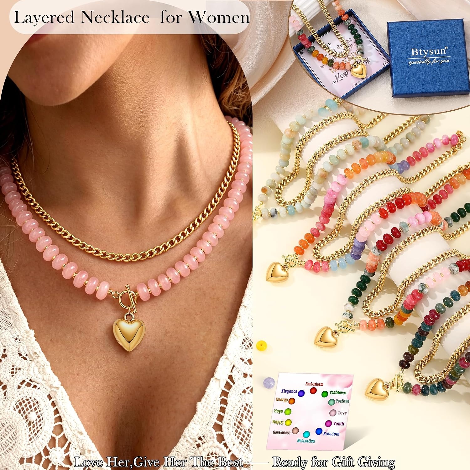 image:imageBeaded Necklaces for Women Layered Necklaces for Women Gold Pendant Necklace Summer Gifts with Cuban Link Chain Colorful Nature Gemstone Beach Themed Gift Stocking Stuffers for Her Christmas JewelryPink