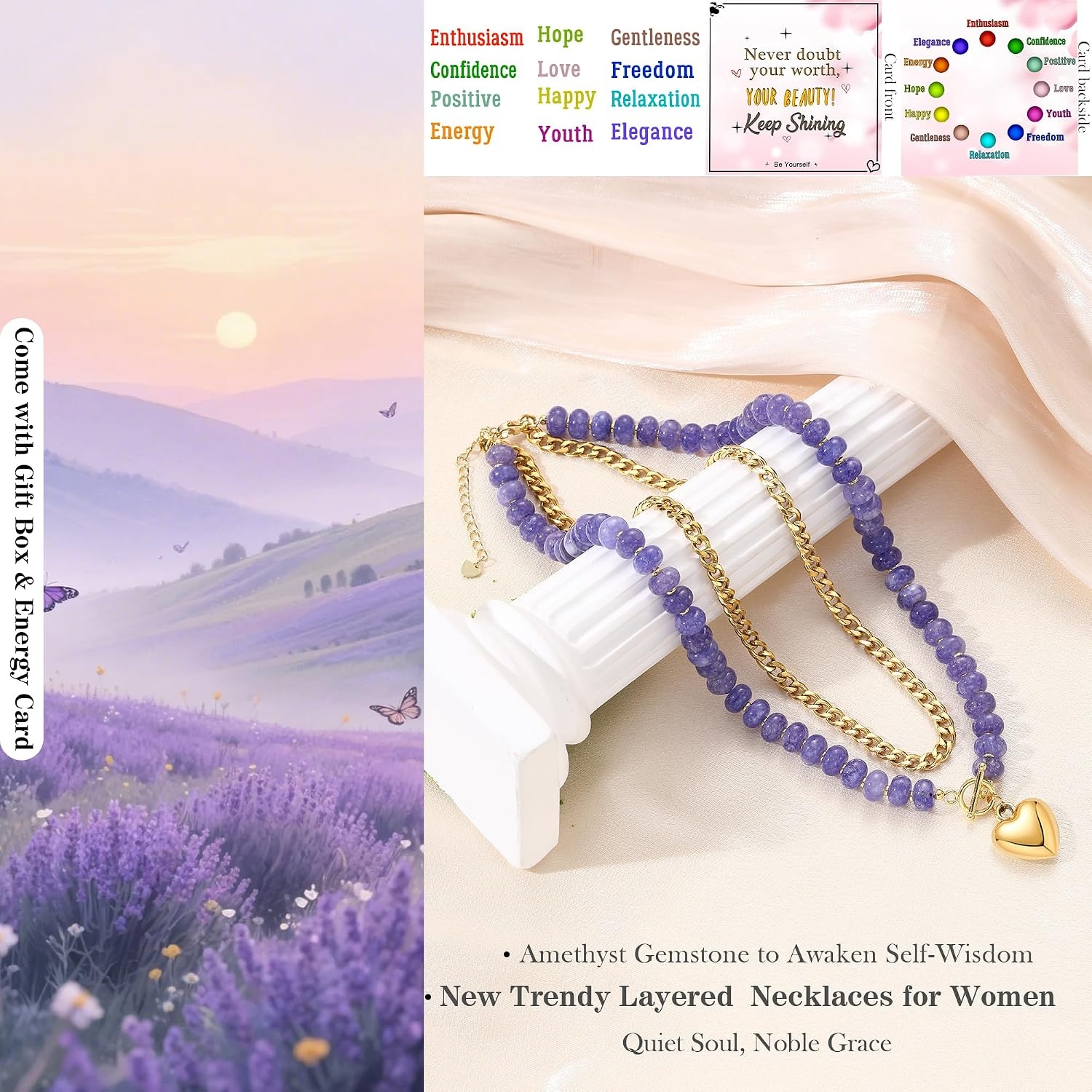 image:imageBeaded Necklaces for Women Layered Necklaces for Women Gold Pendant Necklace Summer Gifts with Cuban Link Chain Colorful Nature Gemstone Beach Themed Gift Stocking Stuffers for Her Christmas JewelryPurple