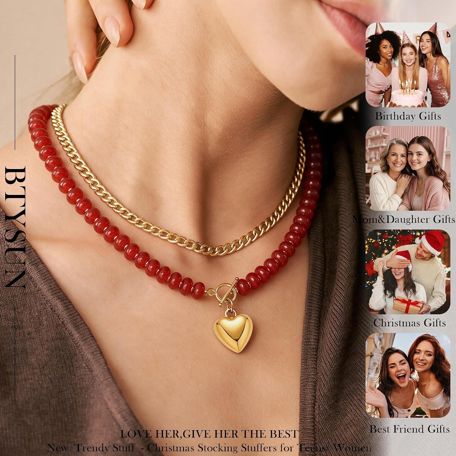image:imageBeaded Necklaces for Women Layered Necklaces for Women Gold Pendant Necklace Summer Gifts with Cuban Link Chain Colorful Nature Gemstone Beach Themed Gift Stocking Stuffers for Her Christmas JewelryRed
