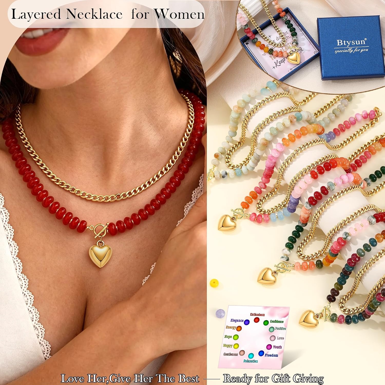 image:imageBeaded Necklaces for Women Layered Necklaces for Women Gold Pendant Necklace Summer Gifts with Cuban Link Chain Colorful Nature Gemstone Beach Themed Gift Stocking Stuffers for Her Christmas JewelryRed