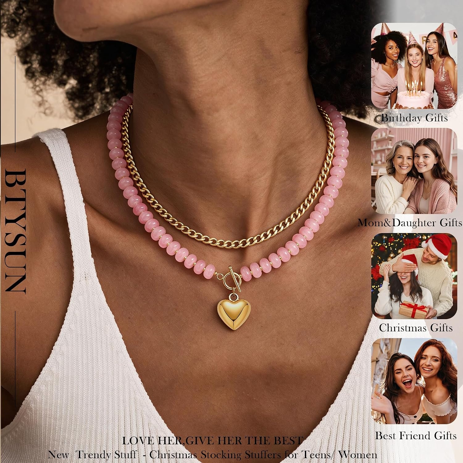 image:imageBeaded Necklaces for Women Layered Necklaces for Women Gold Pendant Necklace Summer Gifts with Cuban Link Chain Colorful Nature Gemstone Beach Themed Gift Stocking Stuffers for Her Christmas JewelryPink