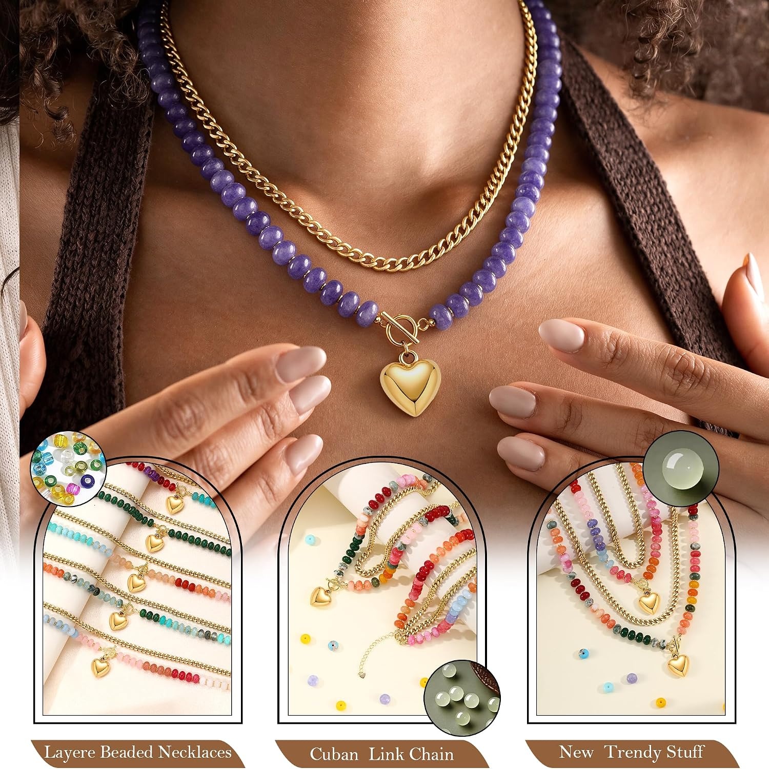image:imageBeaded Necklaces for Women Layered Necklaces for Women Gold Pendant Necklace Summer Gifts with Cuban Link Chain Colorful Nature Gemstone Beach Themed Gift Stocking Stuffers for Her Christmas JewelryPurple