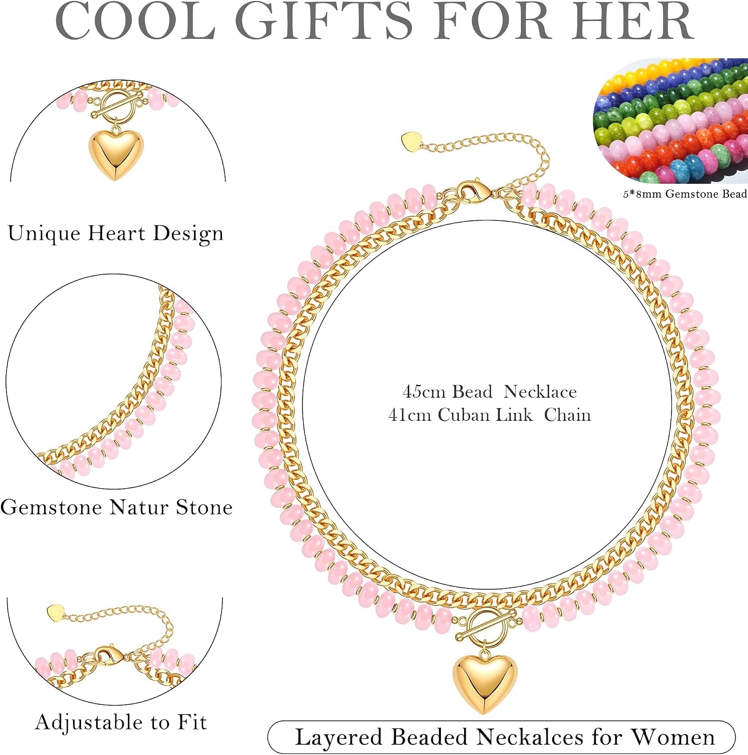 image:imageBeaded Necklaces for Women Layered Necklaces for Women Gold Pendant Necklace Summer Gifts with Cuban Link Chain Colorful Nature Gemstone Beach Themed Gift Stocking Stuffers for Her Christmas JewelryPink