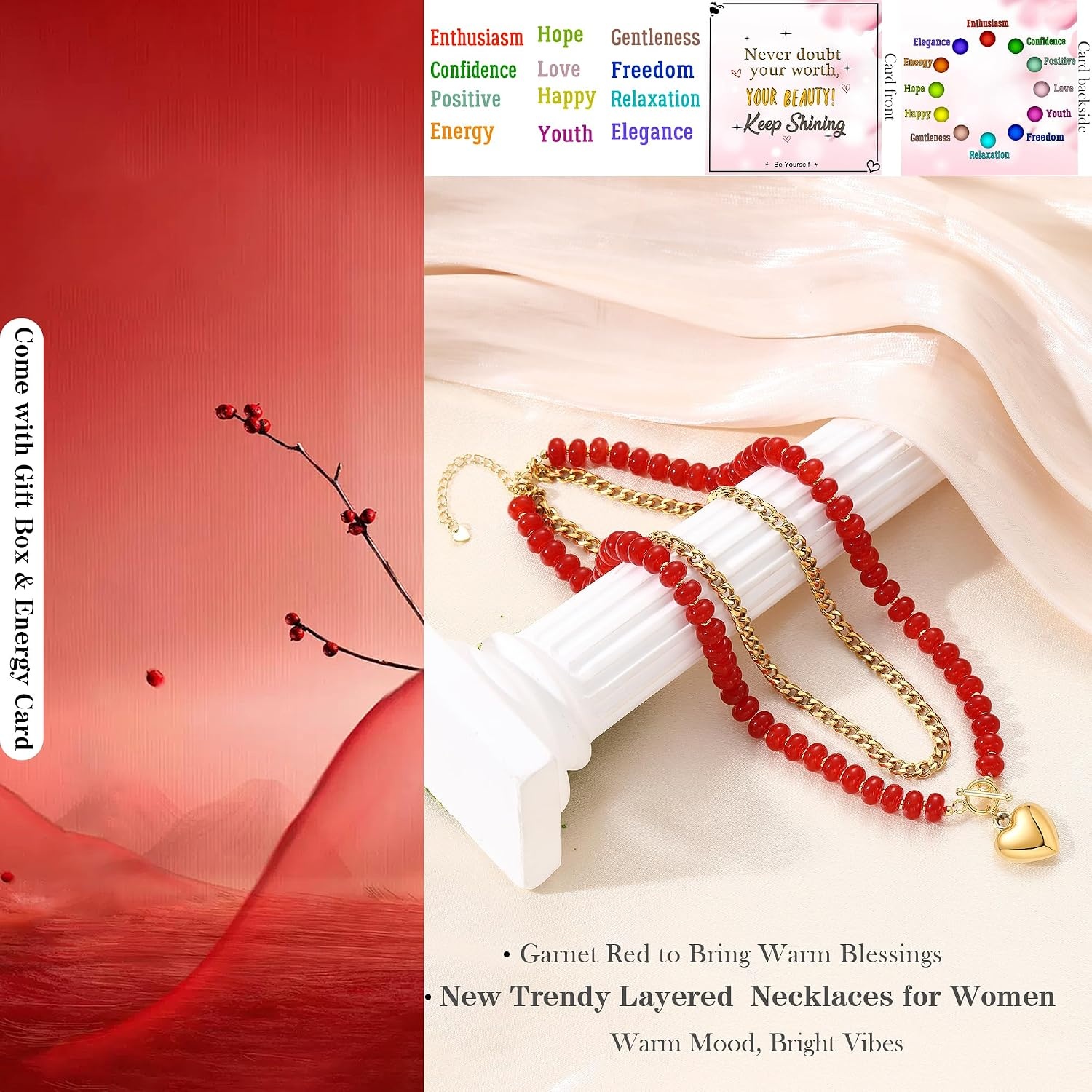 image:imageBeaded Necklaces for Women Layered Necklaces for Women Gold Pendant Necklace Summer Gifts with Cuban Link Chain Colorful Nature Gemstone Beach Themed Gift Stocking Stuffers for Her Christmas JewelryRed