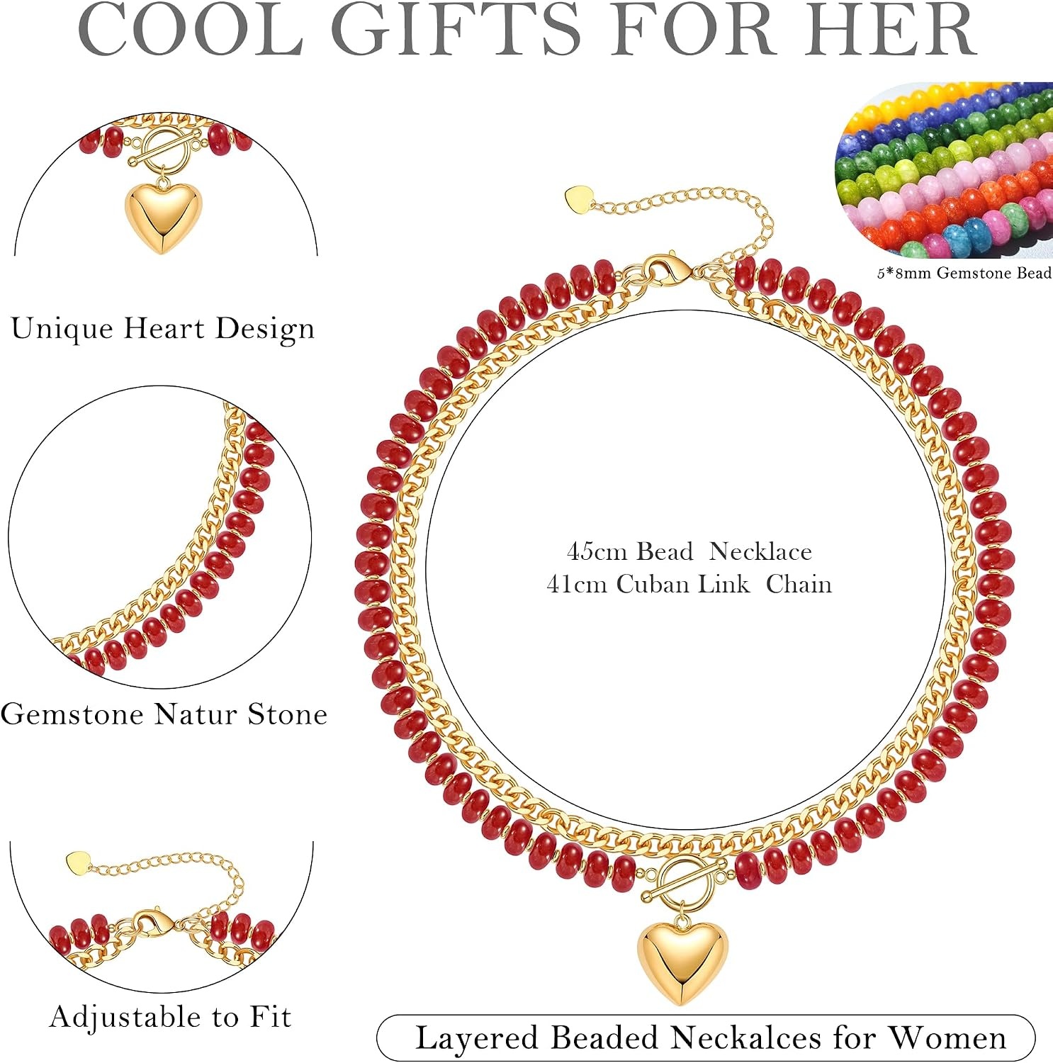 image:imageBeaded Necklaces for Women Layered Necklaces for Women Gold Pendant Necklace Summer Gifts with Cuban Link Chain Colorful Nature Gemstone Beach Themed Gift Stocking Stuffers for Her Christmas JewelryRed