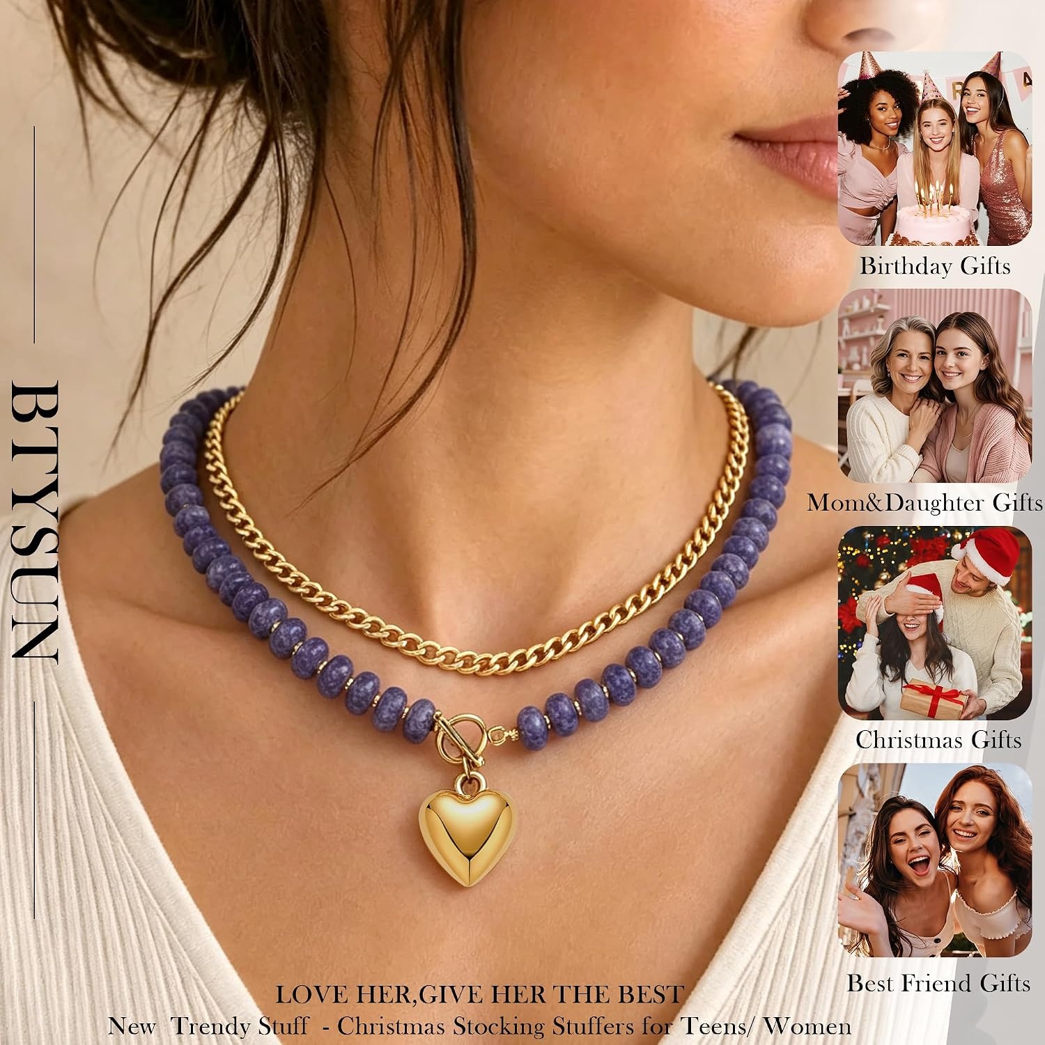 image:imageBeaded Necklaces for Women Layered Necklaces for Women Gold Pendant Necklace Summer Gifts with Cuban Link Chain Colorful Nature Gemstone Beach Themed Gift Stocking Stuffers for Her Christmas JewelryPurple
