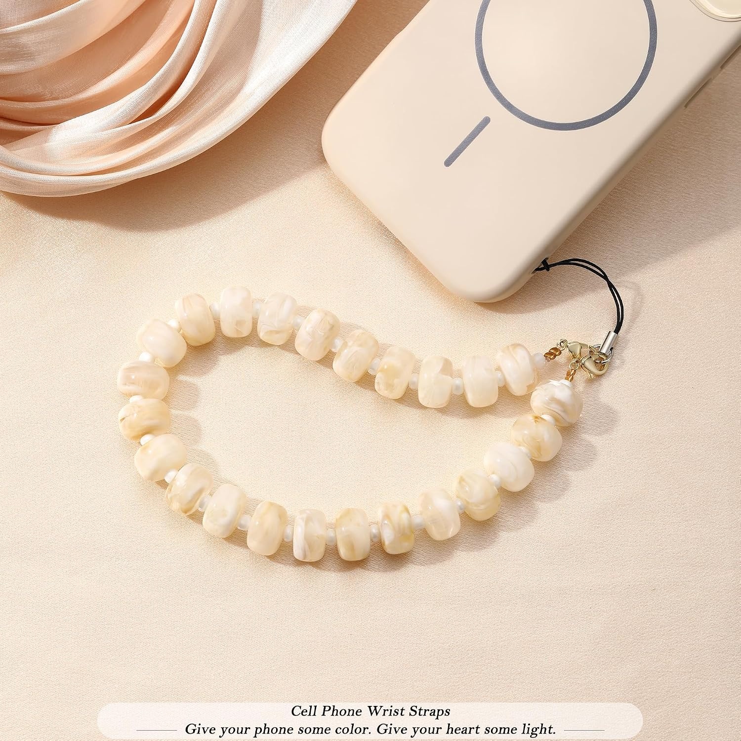 image:imageBtysun Phone Wrist Strap Beaded Cell Phone Lanyard with Tether Tab Anti Theft Cellphone Wrist Strap Detachable Y2K Camera Iphone Accessories Gifts for Women Daughter SisterCream White