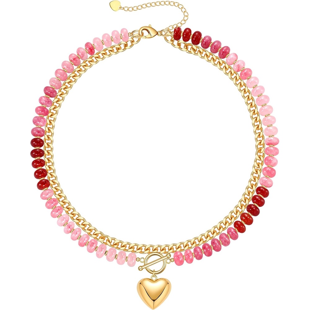 image:imageBeaded Necklaces for Women Layered Necklaces for Women Gold Pendant Necklace Summer Gifts with Cuban Link Chain Colorful Nature Gemstone Beach Themed Gift Stocking Stuffers for Her Christmas JewelryColorRed