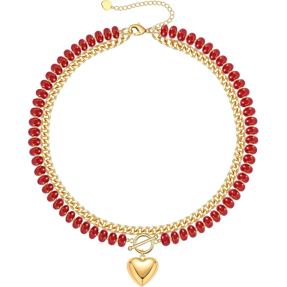 image:imageBeaded Necklaces for Women Layered Necklaces for Women Gold Pendant Necklace Summer Gifts with Cuban Link Chain Colorful Nature Gemstone Beach Themed Gift Stocking Stuffers for Her Christmas JewelryRed