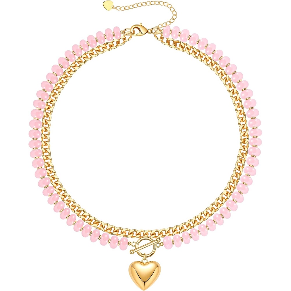image:imageBeaded Necklaces for Women Layered Necklaces for Women Gold Pendant Necklace Summer Gifts with Cuban Link Chain Colorful Nature Gemstone Beach Themed Gift Stocking Stuffers for Her Christmas JewelryPink