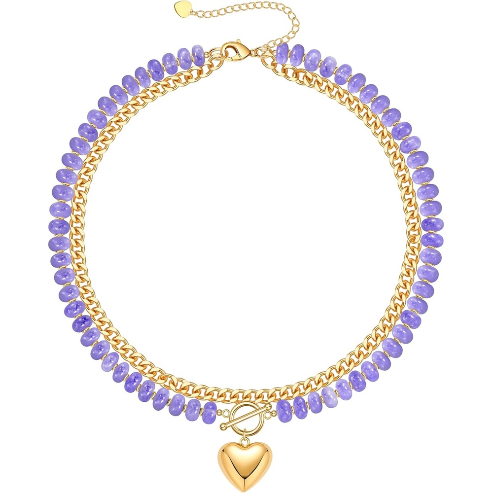 image:imageBeaded Necklaces for Women Layered Necklaces for Women Gold Pendant Necklace Summer Gifts with Cuban Link Chain Colorful Nature Gemstone Beach Themed Gift Stocking Stuffers for Her Christmas JewelryPurple
