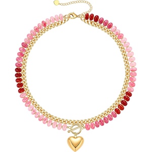 Beaded Necklaces for Women, Layered Necklaces for Women Gold Pendant Necklace Summer Gifts with Cuban Link Chain Colorful Nature Gemstone Beach Themed Gift Stocking Stuffers for Her Christmas Jewelry(Color-Red)