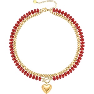 Beaded Necklaces for Women, Layered Necklaces for Women Gold Pendant Necklace Summer Gifts with Cuban Link Chain Colorful Nature Gemstone Beach Themed Gift Stocking Stuffers for Her Christmas Jewelry(Red)