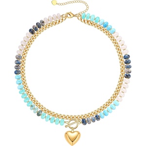 Beaded Necklaces for Women, Layered Necklaces for Women Gold Pendant Necklace Summer Gifts with Cuban Link Chain Colorful Nature Gemstone Beach Themed Gift Stocking Stuffers for Her Christmas Jewelry(Color-Blue)