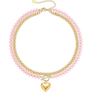 Beaded Necklaces for Women, Layered Necklaces for Women Gold Pendant Necklace Summer Gifts with Cuban Link Chain Colorful Nature Gemstone Beach Themed Gift Stocking Stuffers for Her Christmas Jewelry(Pink)