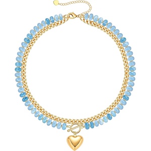 Beaded Necklaces for Women, Layered Necklaces for Women Gold Pendant Necklace Summer Gifts with Cuban Link Chain Colorful Nature Gemstone Beach Themed Gift Stocking Stuffers for Her Christmas Jewelry(Aquamarine)