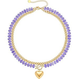 Beaded Necklaces for Women, Layered Necklaces for Women Gold Pendant Necklace Summer Gifts with Cuban Link Chain Colorful Nature Gemstone Beach Themed Gift Stocking Stuffers for Her Christmas Jewelry(Purple)