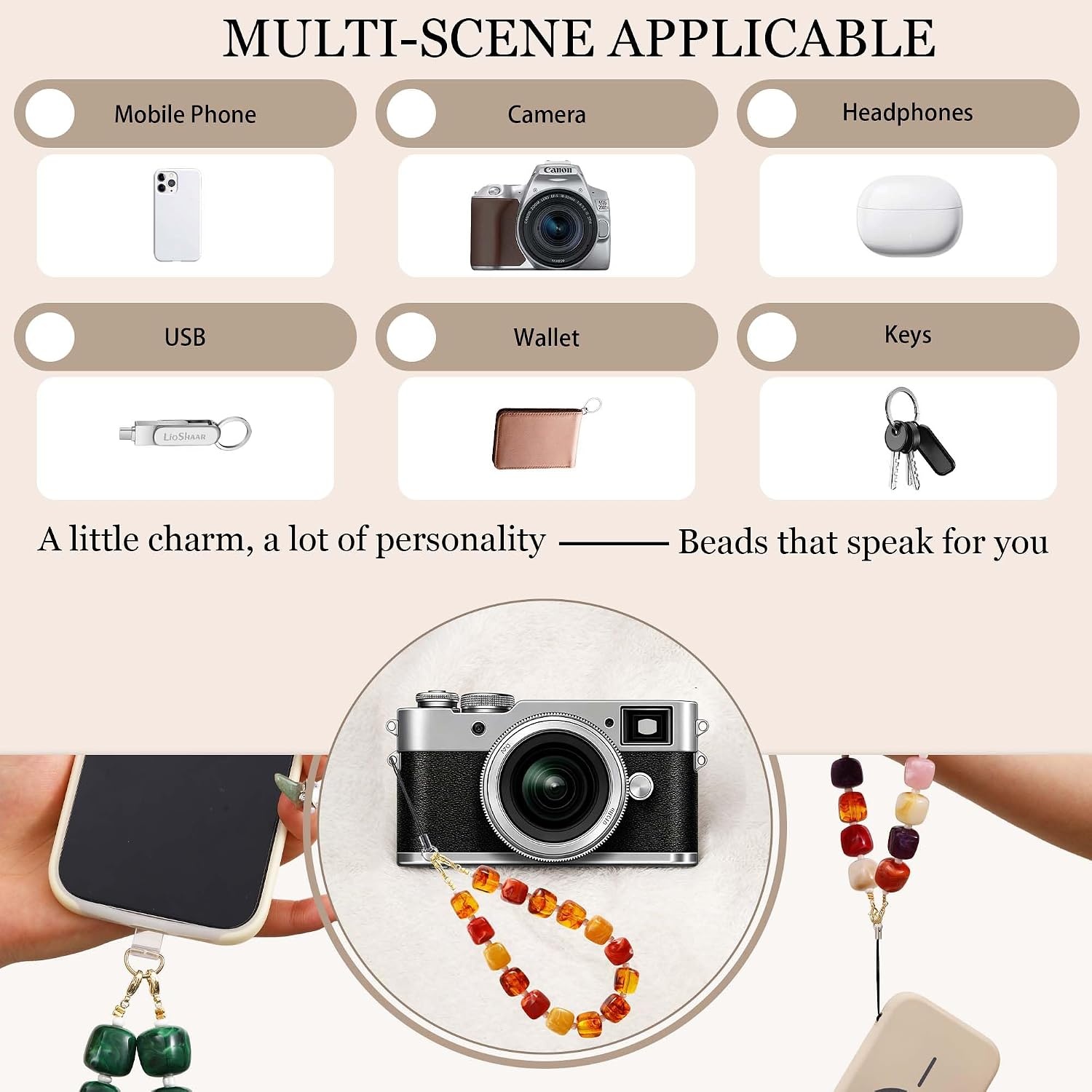 image:imageBeaded Phone Charm Wrist Strap with Tether Tab Anti Theft Cell Phone Wrist Strap Detachable HandsFree Chunky Bead Camera Lanyard for Women Colorful Summer Birthday Gifts for Friends Her DaughterTurquoise