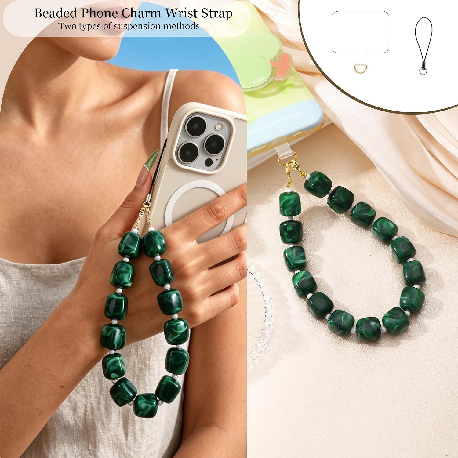 image:imageBeaded Phone Charm Wrist Strap with Tether Tab Anti Theft Cell Phone Wrist Strap Detachable HandsFree Chunky Bead Camera Lanyard for Women Colorful Summer Birthday Gifts for Friends Her DaughterEmerald