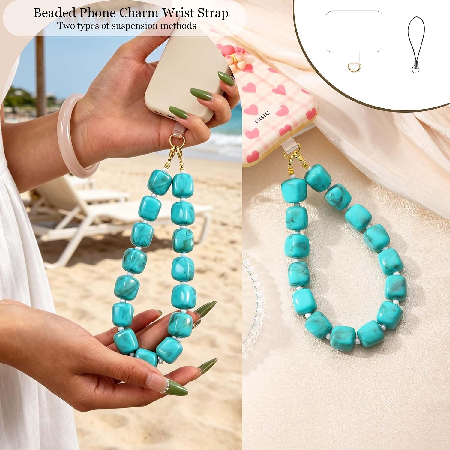 image:imageBeaded Phone Charm Wrist Strap with Tether Tab Anti Theft Cell Phone Wrist Strap Detachable HandsFree Chunky Bead Camera Lanyard for Women Colorful Summer Birthday Gifts for Friends Her DaughterTurquoise