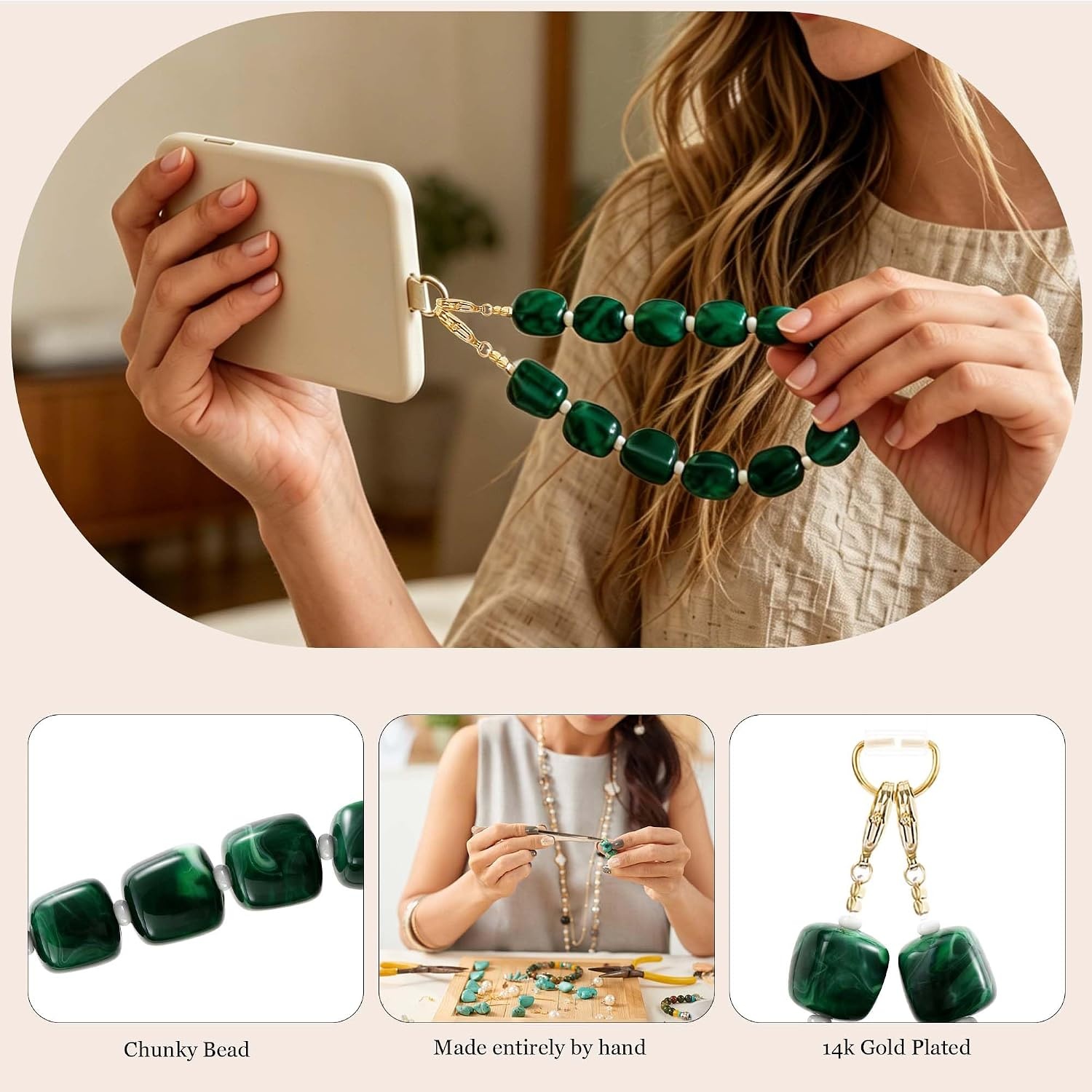 image:imageBeaded Phone Charm Wrist Strap with Tether Tab Anti Theft Cell Phone Wrist Strap Detachable HandsFree Chunky Bead Camera Lanyard for Women Colorful Summer Birthday Gifts for Friends Her DaughterEmerald