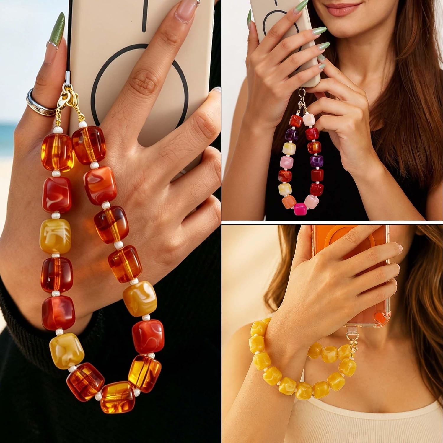 image:imageBeaded Phone Charm Wrist Strap with Tether Tab Anti Theft Cell Phone Wrist Strap Detachable HandsFree Chunky Bead Camera Lanyard for Women Colorful Summer Birthday Gifts for Friends Her DaughterEmerald
