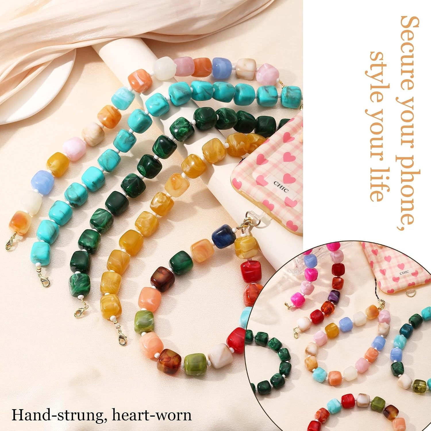 image:imageBeaded Phone Charm Wrist Strap with Tether Tab Anti Theft Cell Phone Wrist Strap Detachable HandsFree Chunky Bead Camera Lanyard for Women Colorful Summer Birthday Gifts for Friends Her DaughterTurquoise