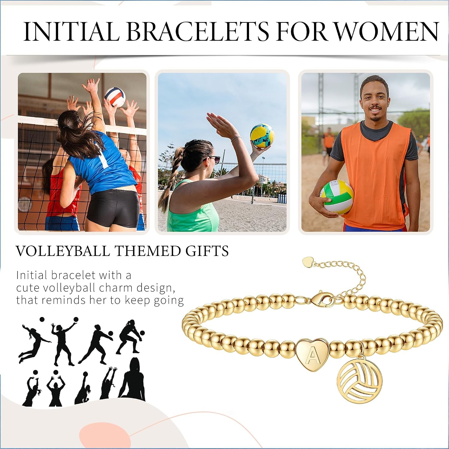 image:imageVolleyball Stuff Volleyball Gifts Stocking Stuffers for Teens Initial Bracelet Adjustable Letter AZ Gold Beaded Bracelets for Women Heart Link Valentines Day Gift Basket Christmas Graduation JewelryP