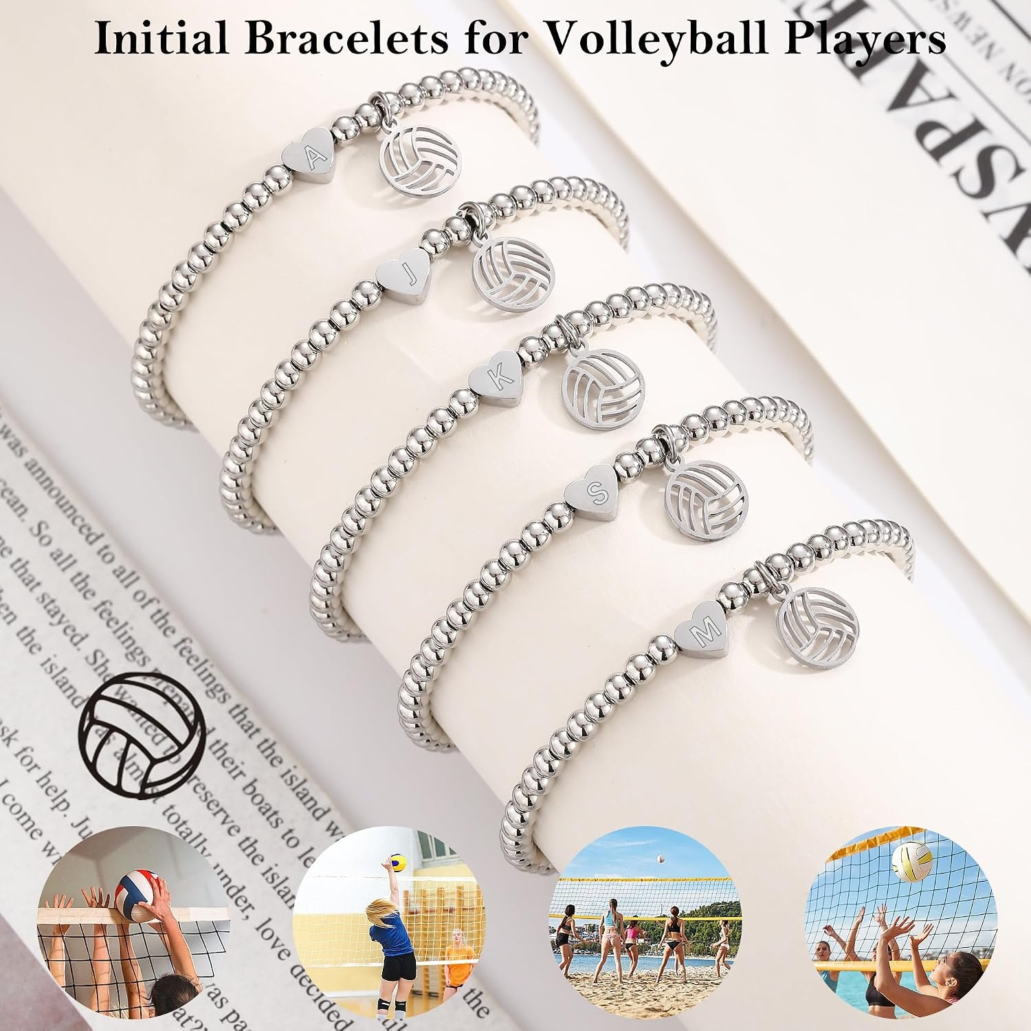 image:imageVolleyball Stuff Volleyball Gifts Stocking Stuffers for Teens Initial Bracelet Adjustable Letter AZ Gold Beaded Bracelets for Women Heart Link Valentines Day Gift Basket Christmas Graduation Jewelry1L