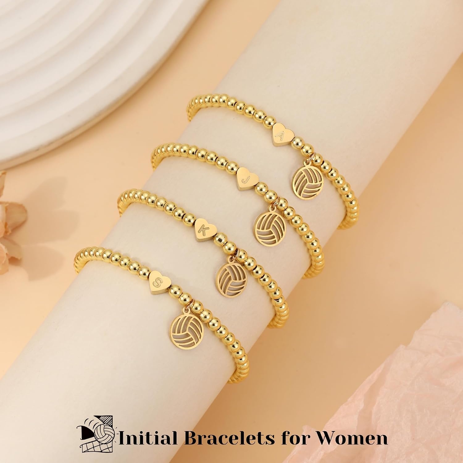 image:imageVolleyball Stuff Volleyball Gifts Stocking Stuffers for Teens Initial Bracelet Adjustable Letter AZ Gold Beaded Bracelets for Women Heart Link Valentines Day Gift Basket Christmas Graduation JewelryS