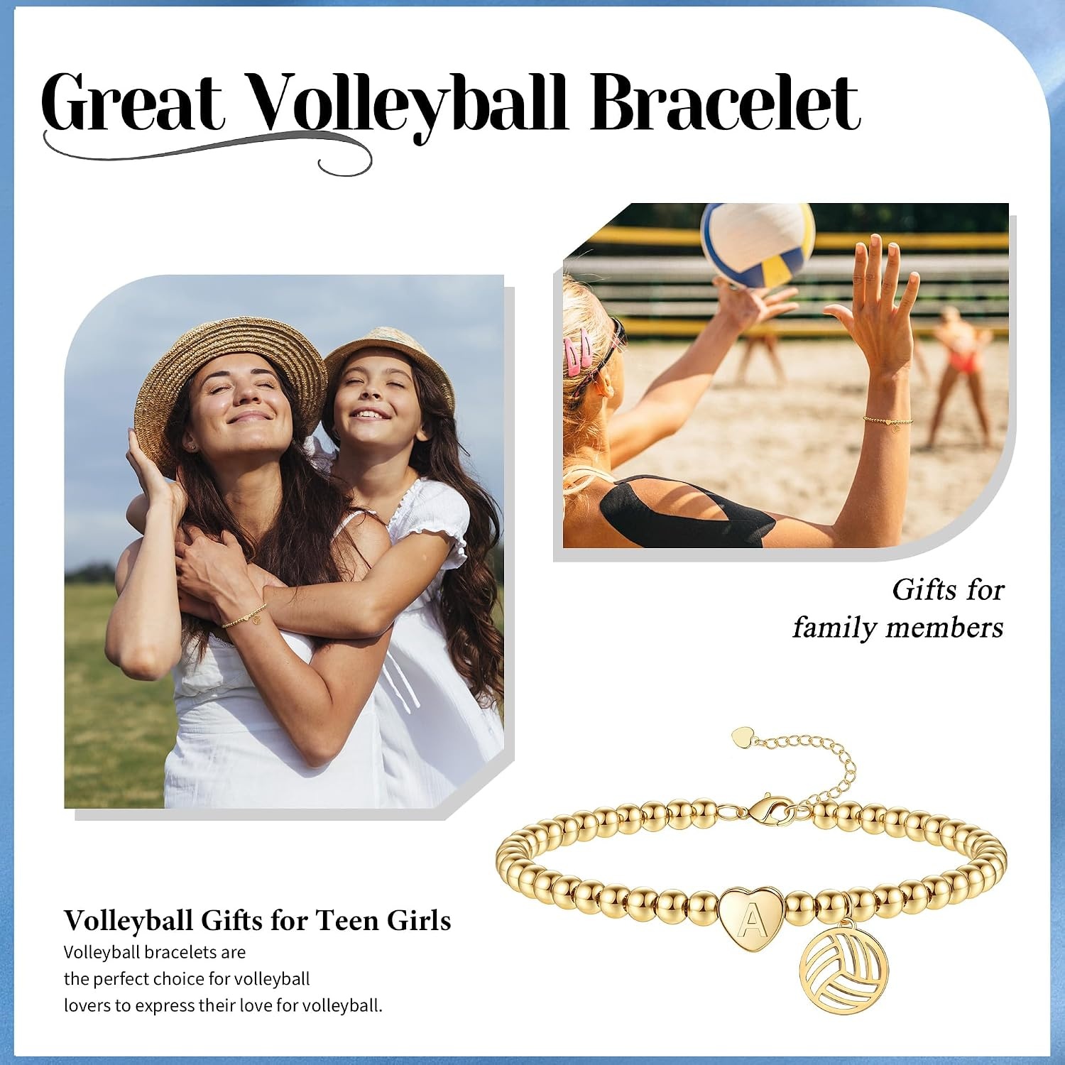 image:imageVolleyball Stuff Volleyball Gifts Stocking Stuffers for Teens Initial Bracelet Adjustable Letter AZ Gold Beaded Bracelets for Women Heart Link Valentines Day Gift Basket Christmas Graduation JewelryN