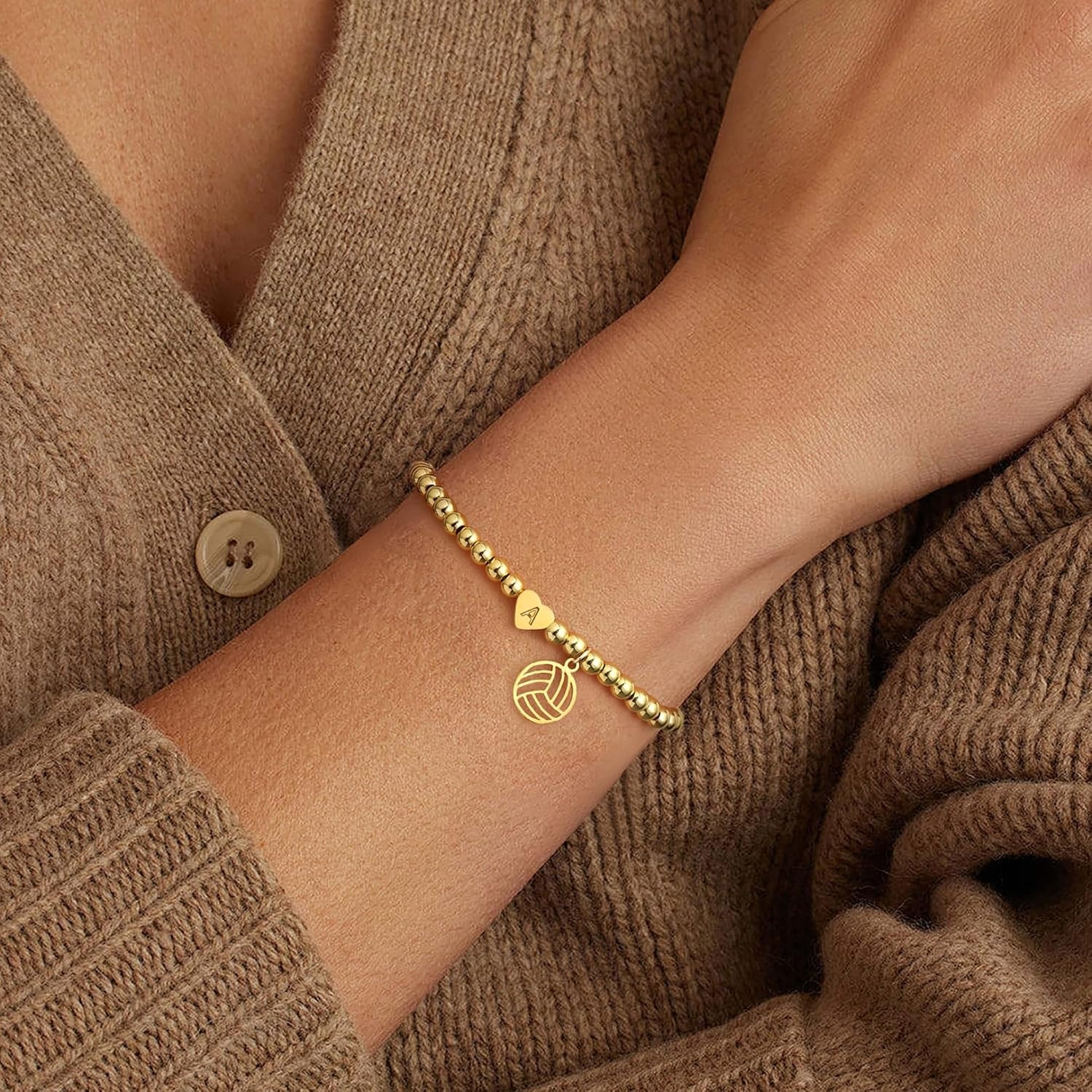 image:imageVolleyball Stuff Volleyball Gifts Stocking Stuffers for Teens Initial Bracelet Adjustable Letter AZ Gold Beaded Bracelets for Women Heart Link Valentines Day Gift Basket Christmas Graduation JewelryM