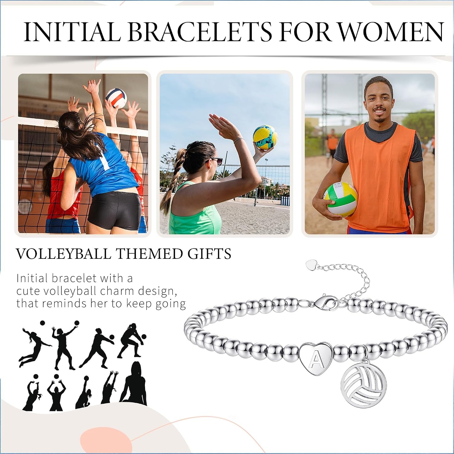 image:imageVolleyball Stuff Volleyball Gifts Stocking Stuffers for Teens Initial Bracelet Adjustable Letter AZ Gold Beaded Bracelets for Women Heart Link Valentines Day Gift Basket Christmas Graduation Jewelry1V