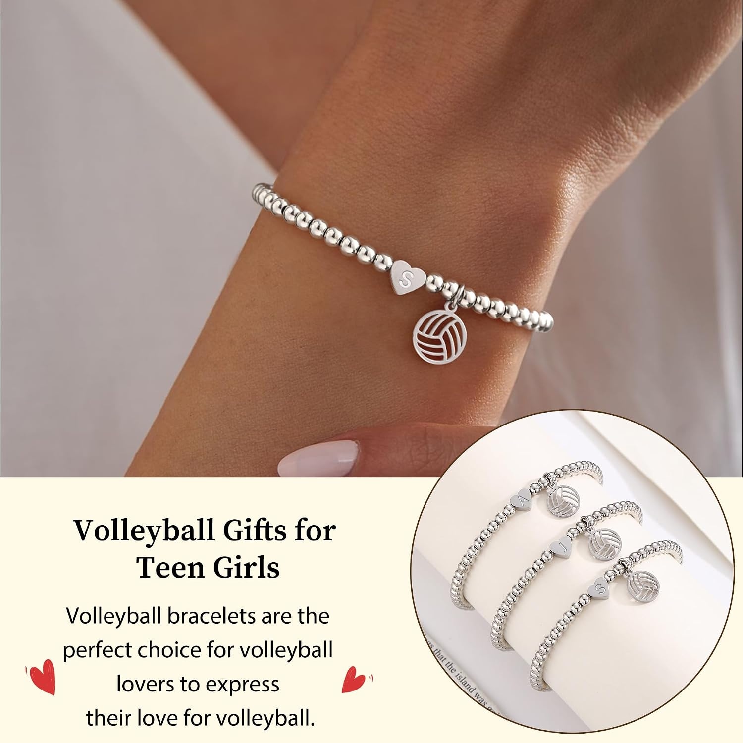 image:imageVolleyball Stuff Volleyball Gifts Stocking Stuffers for Teens Initial Bracelet Adjustable Letter AZ Gold Beaded Bracelets for Women Heart Link Valentines Day Gift Basket Christmas Graduation Jewelry1Y