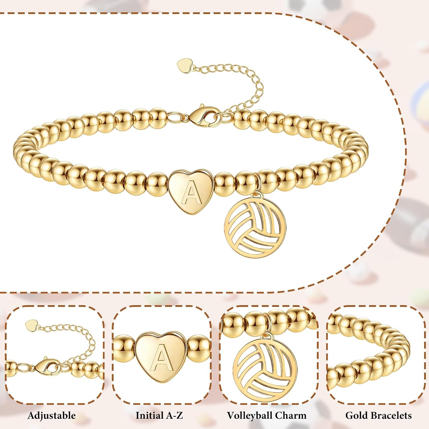 image:imageVolleyball Stuff Volleyball Gifts Stocking Stuffers for Teens Initial Bracelet Adjustable Letter AZ Gold Beaded Bracelets for Women Heart Link Valentines Day Gift Basket Christmas Graduation JewelryV